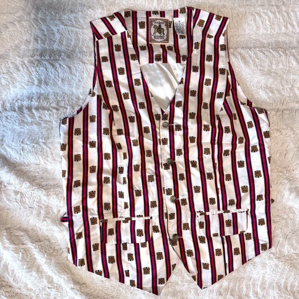 Vintage Kriss Kross Silk Vest Crest Print Striped Dark Academia Old Money Medium